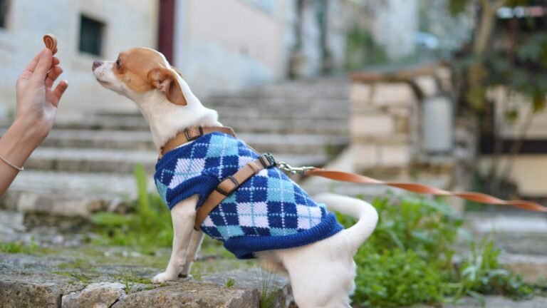 Mano ofreciendo un premio a un perro pequeño con suéter que espera sentado, adiestramiento canino con premios
