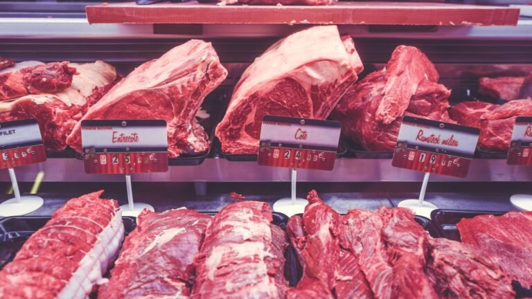 Cortes de carne de res cruda en la vitrina de una carnicería, ingredientes de la dieta BARF para perros