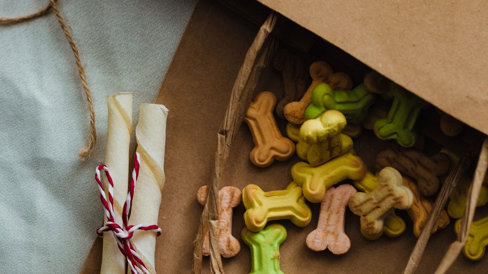Palitos de carnaza y galletas con forma de hueso sobre papel kraft, snacks naturales para perros