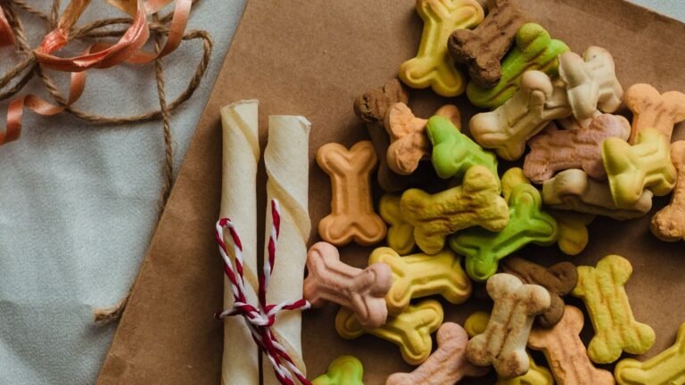 Variedad de masticables y galletas naturales para perros dispuestos sobre papel kraft